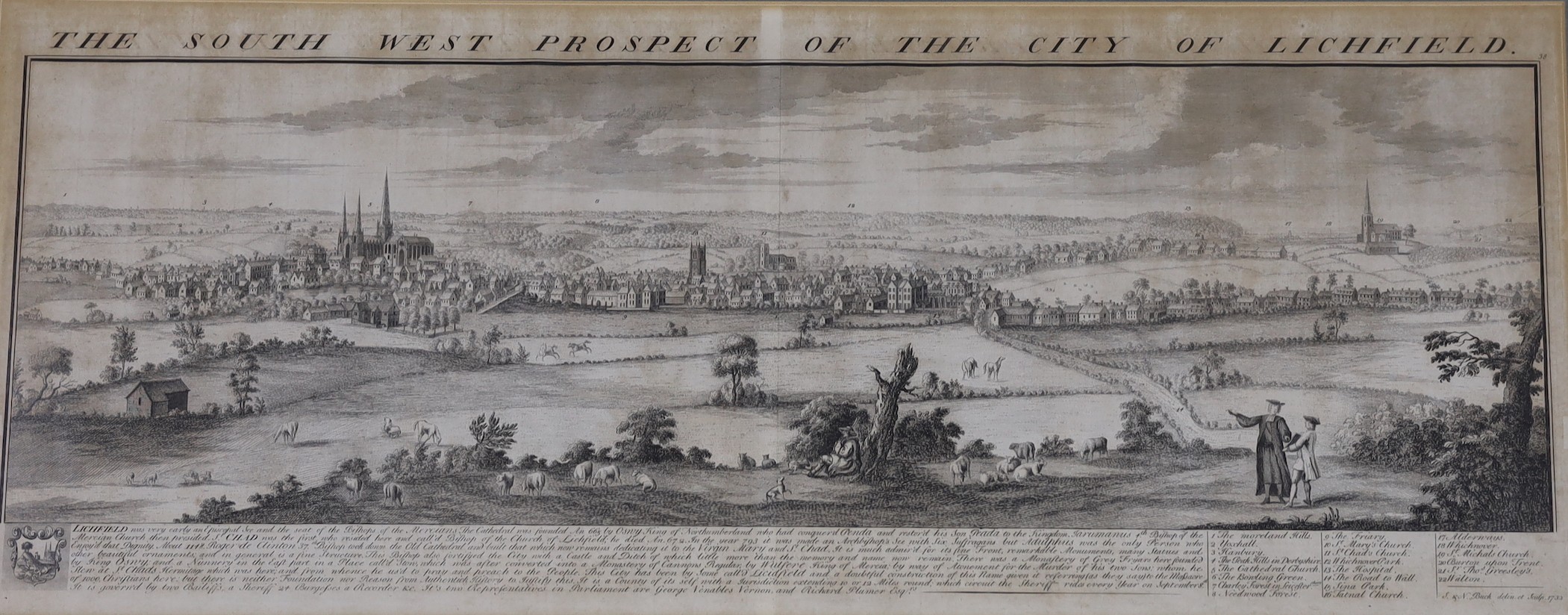 George Vertue, engraving, ‘View of the charity children in The Strand … 1715’, 39 x 128cm and a Buck engraving, South West Prospect of the City of Lichfield, 32 x 80cm